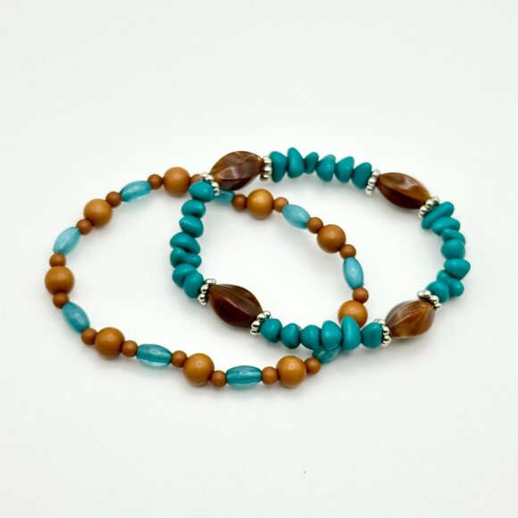 Set of Vintage 90s Faux Turquoise and Stone Beaded Stretch Bracelets - Picture 2 of 3
